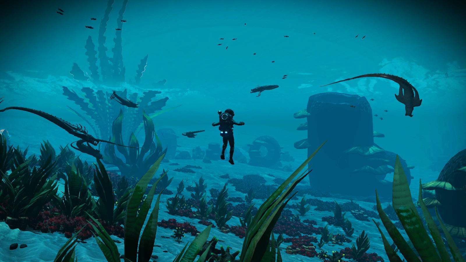 Explorer in Exosuit floating in the water, withd alien aquatic animals swiming nearby